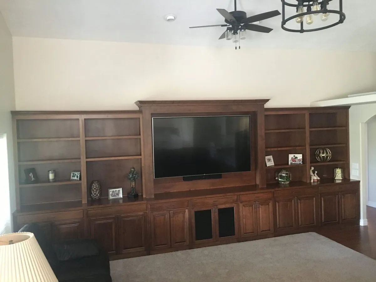 Wood entertainment center and media wall with custom shelving
